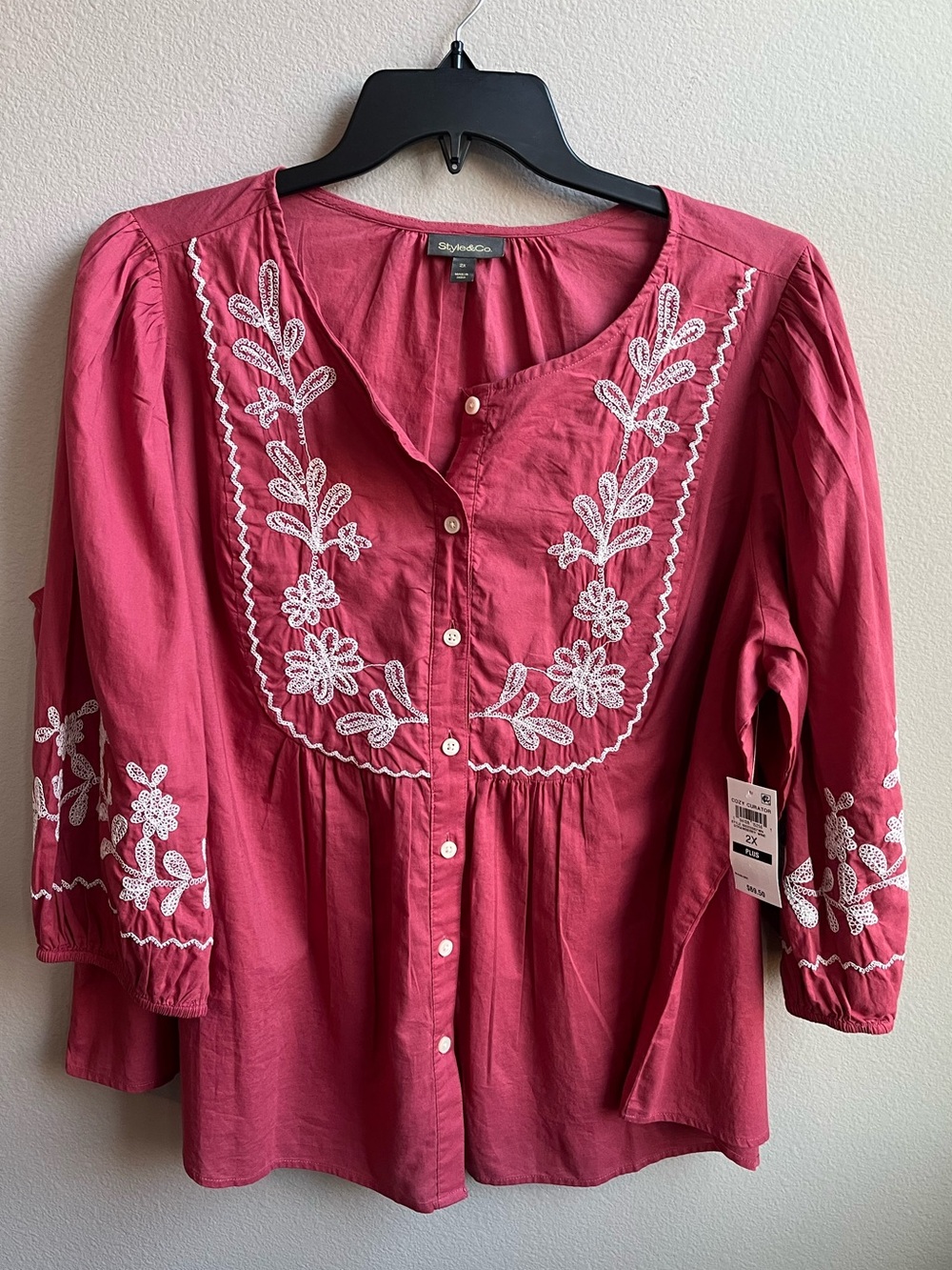 Embroidered Button-Front Blouse in Rose Pink Boho Festival Cottagecore NWT - Picture 2 of 8